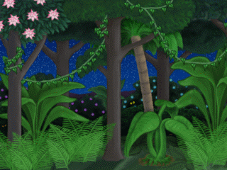 Gif animation of blinking eyes in left forest